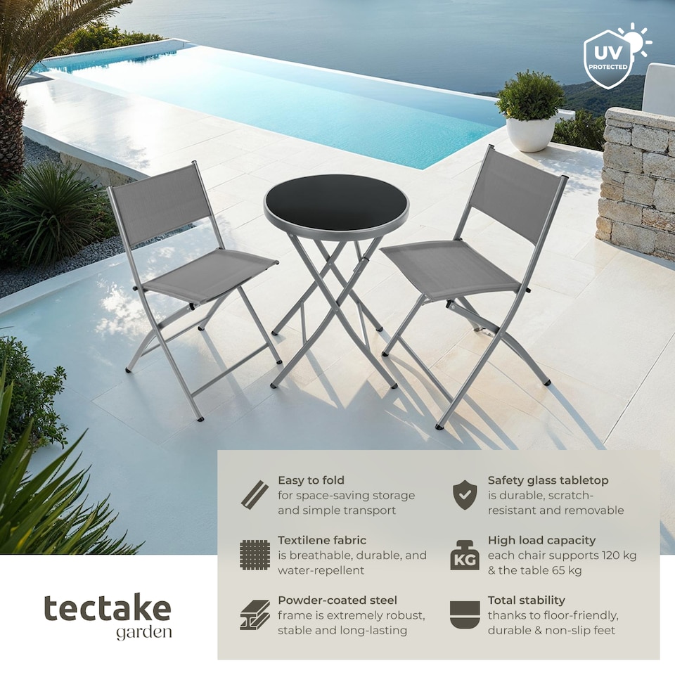 image 1 of Garden Table and Chairs - 2 person bistro set, foldable, weather-resistant | Grey | grey | 45,50 x 58 x 81 cm | 1