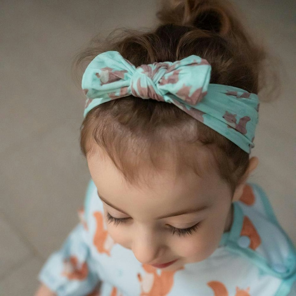 image 1 of Ziggle Baby Top Bow Turban Headband - Squirrel | Blue | 1