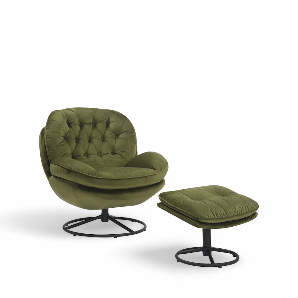 image 1 of Velvet Sage Green Azura Swivel Accent Chair with Footstool
