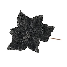 Black Velvet Christmas Poinsettia with Glitter Detail Artificial Flower Decoration 31cm
