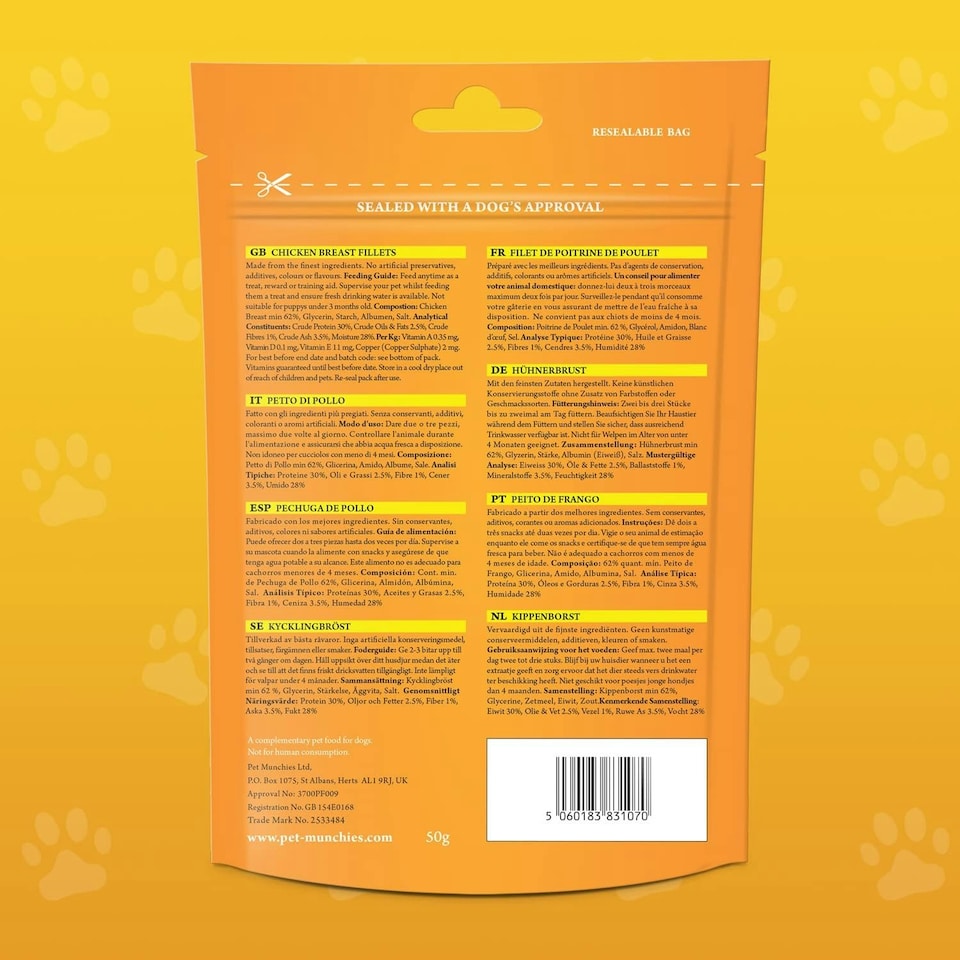 image 1 of Pet Munchies Chicken Dog Training Treats, Natural Grain Free Tasty Bites Made Real Meat, Low in Fat 50g (Pack of 8)