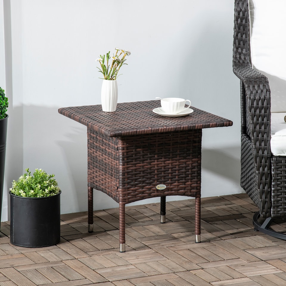 image 1 of Outsunny PE Rattan Outdoor Coffee Table, Easy Match Rattan Side Table, Brown