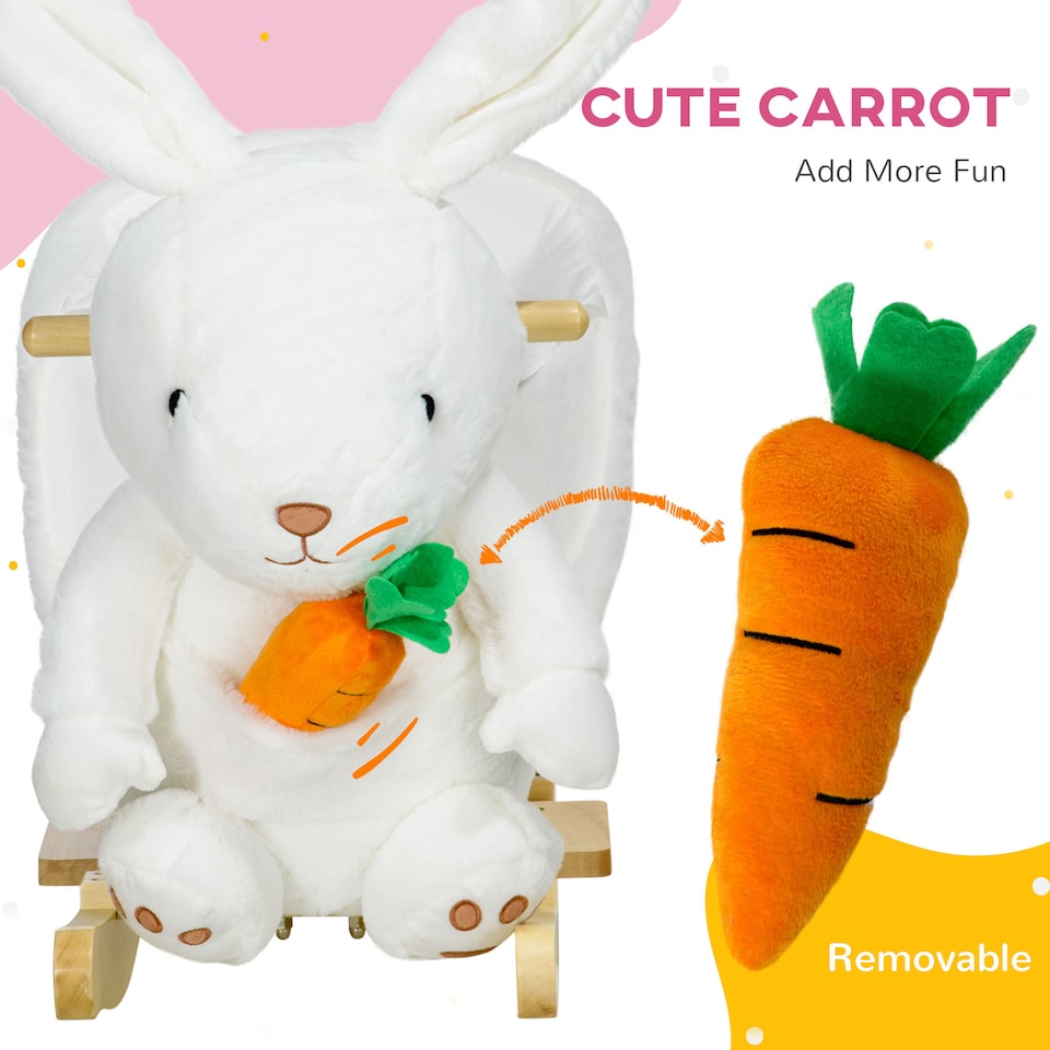 image 1 of HOMCOM Kids Rocking Horse, Plush Rabbit-Shaped Baby Rocking Animal with Carrot Toy, Safety Harness, Realistic Sounds, Foot Pedals, for Toddlers Aged 18-36 Months - White