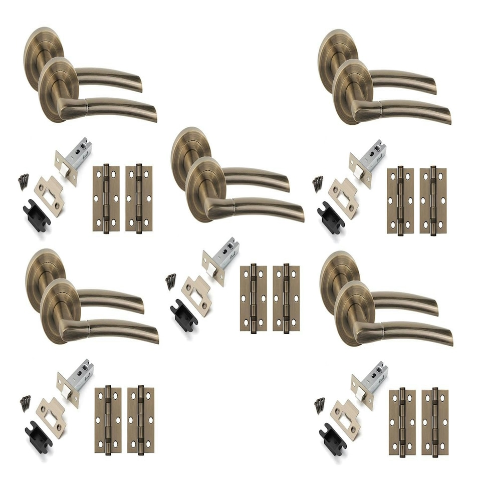 image 1 of Golden Grace 5 Set Indiana Design Door Handles in Antique Brass Finish with Tubular Latch and 1 Pair of 3" Ball Bearing Hinges Gold