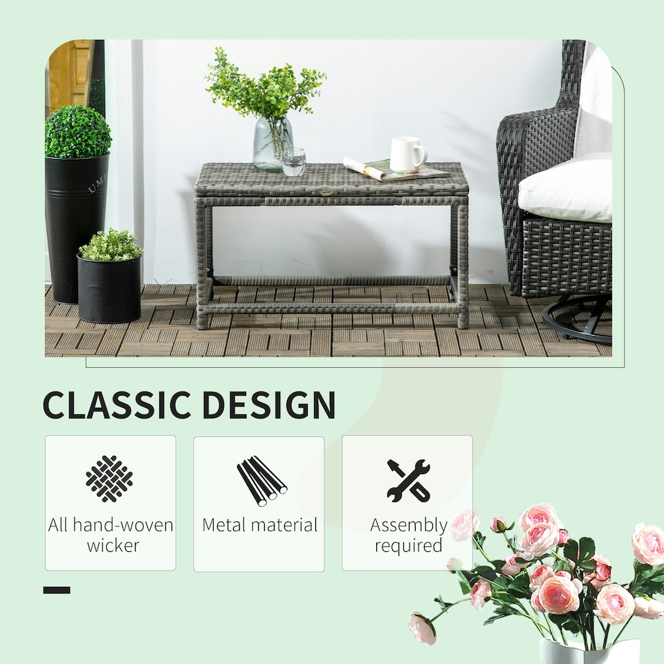 image 1 of Outsunny Outdoor Coffee Table, PE Rattan Side Table w/ Plastic Board, Grey