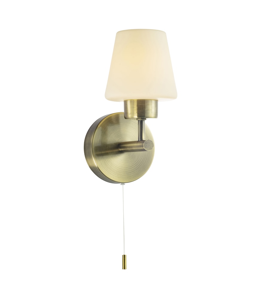 image 1 of Modern Antique Brass and Opal Glass IP44 Rated Bathroom Wall Lighting Fixture | Gold