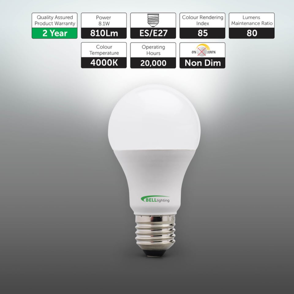 image 1 of BELL Lighting E27 LED GLS 8.1W Energy Saving Bulbs Natural White 4000K