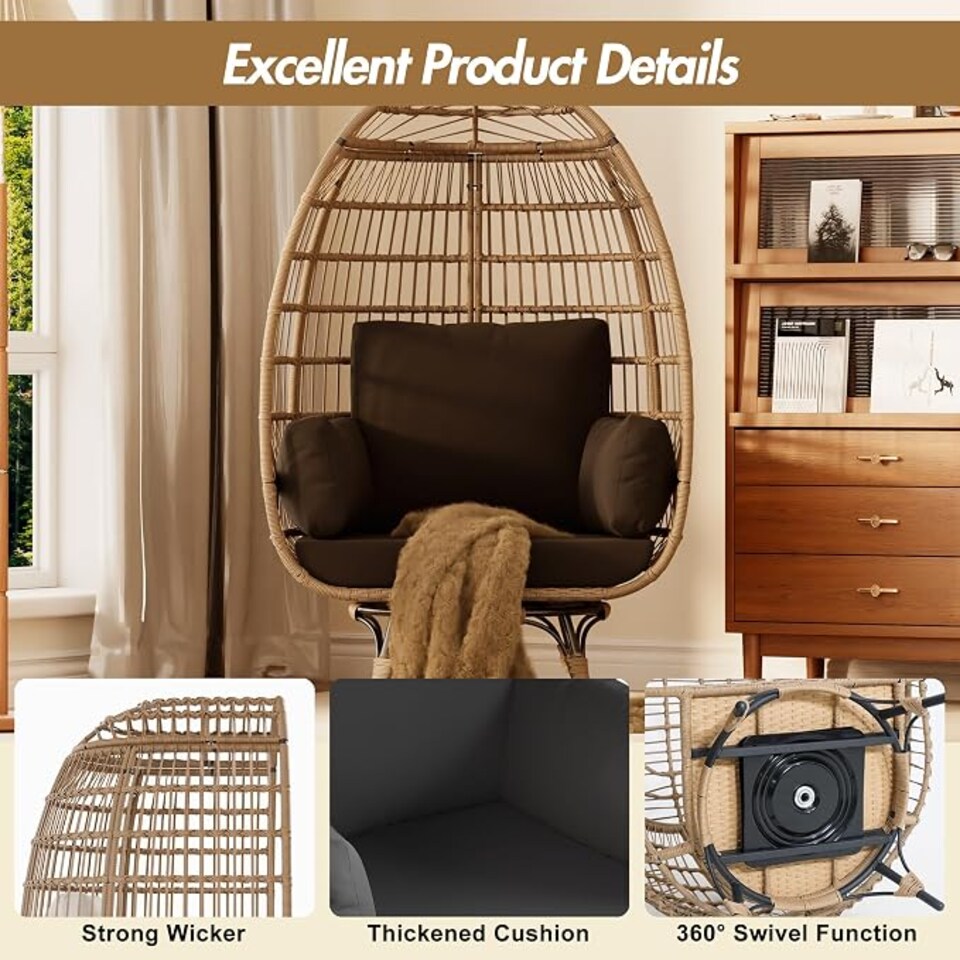 image 1 of London Boutique Oversized Rattan Egg Chair 85x143x95cm - 360° Swivel Patio Lounge Chair with Cushions, All-Weather PE Wicker & 350 lbs Metal Base for Garden, Balcony & Indoor