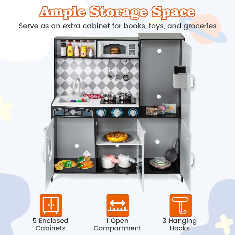 image 1 of COSTWAY Pretend Play Kitchen Kids Wooden Toy Set Kitchen Accessory Playset Grey