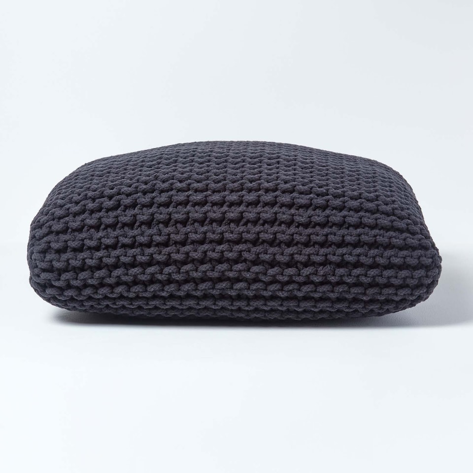 image 1 of Homescapes Black Square Cotton Knitted Pouffe Floor Cushion | Black | 70 x 20 cm