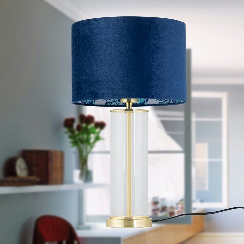 image 1 of Aura - Satin Brass Table Lamp with Navy Velvet Parrot Shade Bronze | Blue