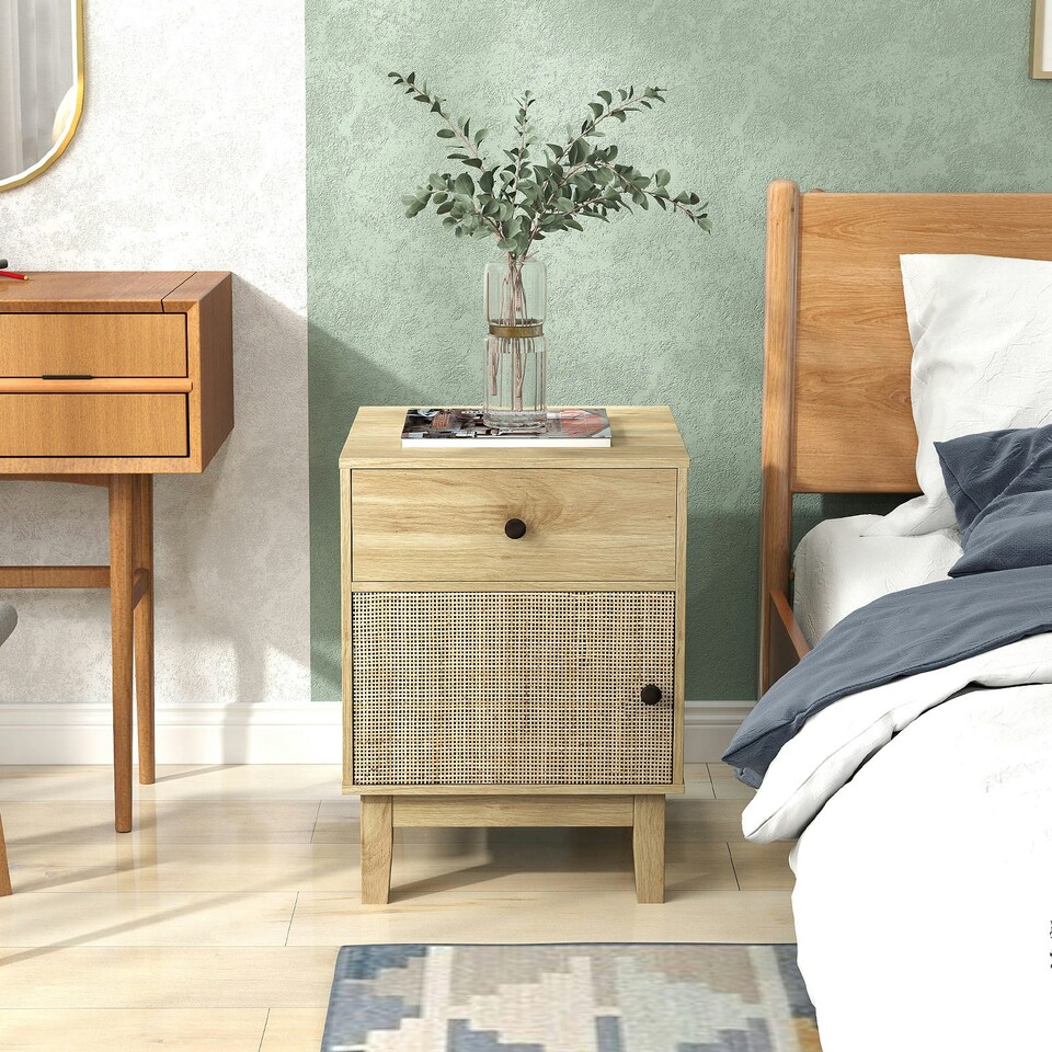image 1 of COSTWAY Rattan Nightstand Mid Bedside Table Natural Brown