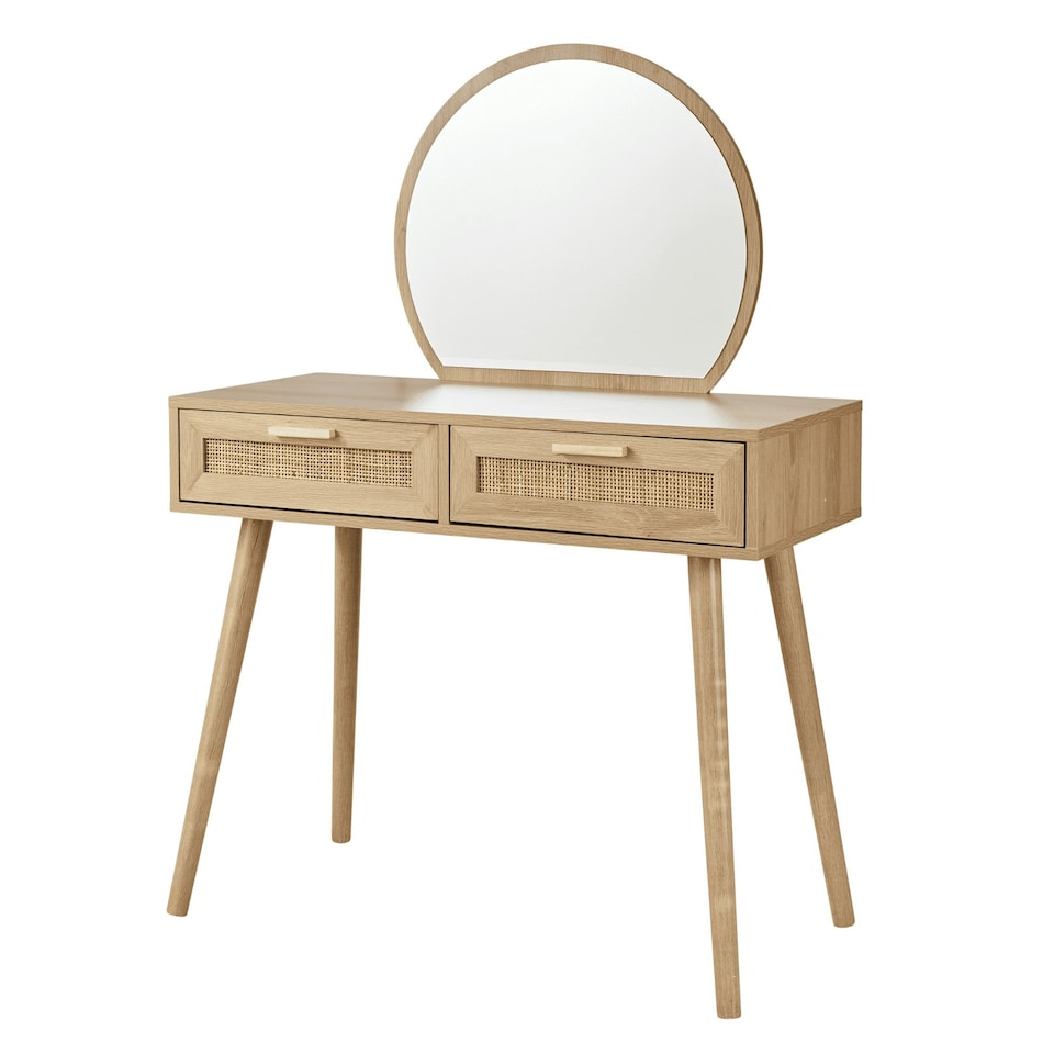 image 1 of Dressing Table With Circular Mirror 2 Rattan Front Drawers Bedroom Vanity Table