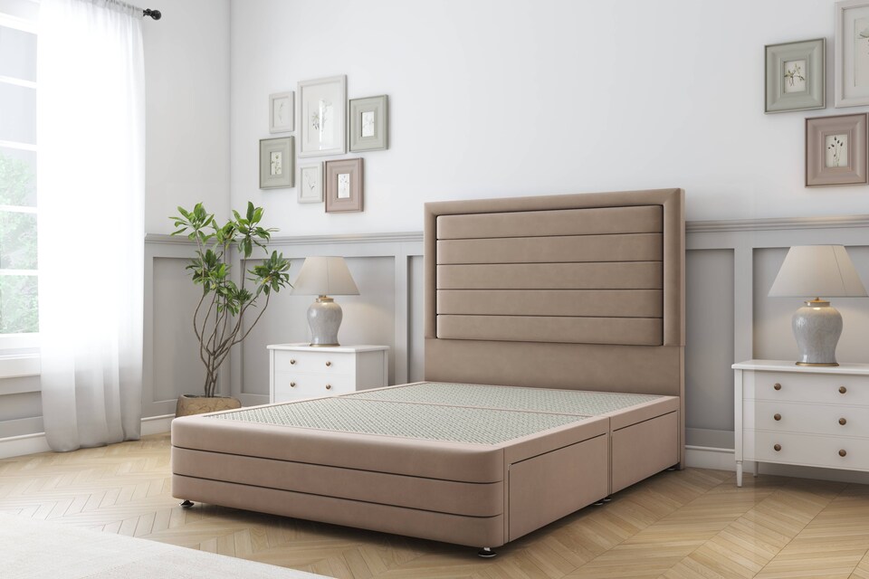 image 1 of Sloomy Ashford Mink Plush Divan Bed Base 4 Drawers With 54 Inch Floor Standing Headboard & 12 Inch Matching Footboard | Brown | Mink | Super King | 1