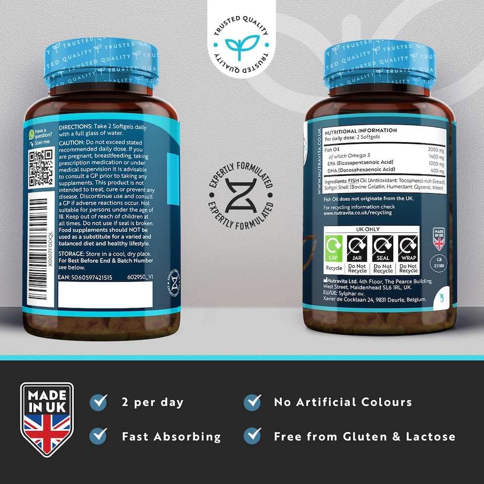 image 1 of Nutravita Highest Strength Omega 3 Fish Oil 2000mg - 1000mg EPA & 400mg DHA per Serving - Sustainably Sourced & Contaminant Free - 90 Softgels