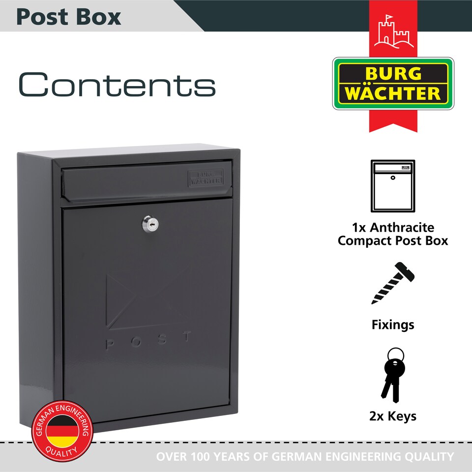 image 1 of Burg-Wachter Anthracite Compact Wall Mounted Galvanised Steel Post Box - 26x33x9cm | Black | Anthracite