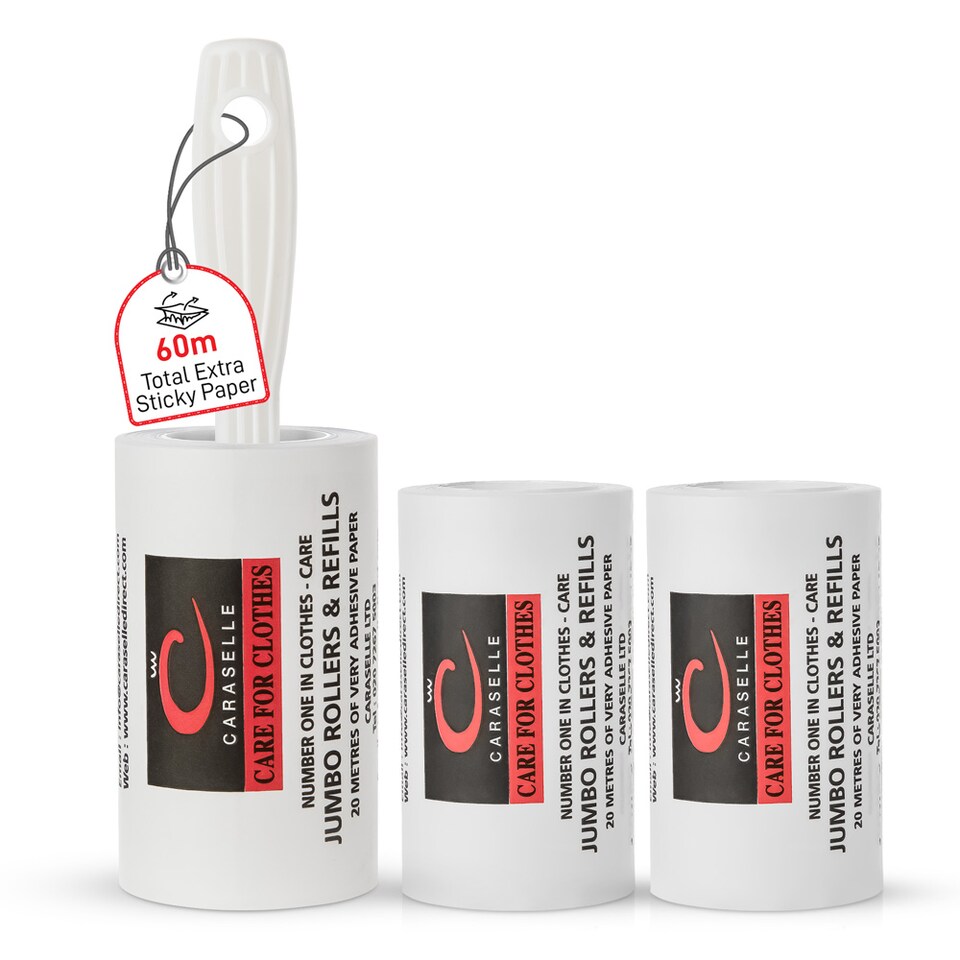 image 1 of Caraselle 1 x Jumbo Lint Roller + 2 x Refills (total 60m, ≈600+ Sheets Equivalent)