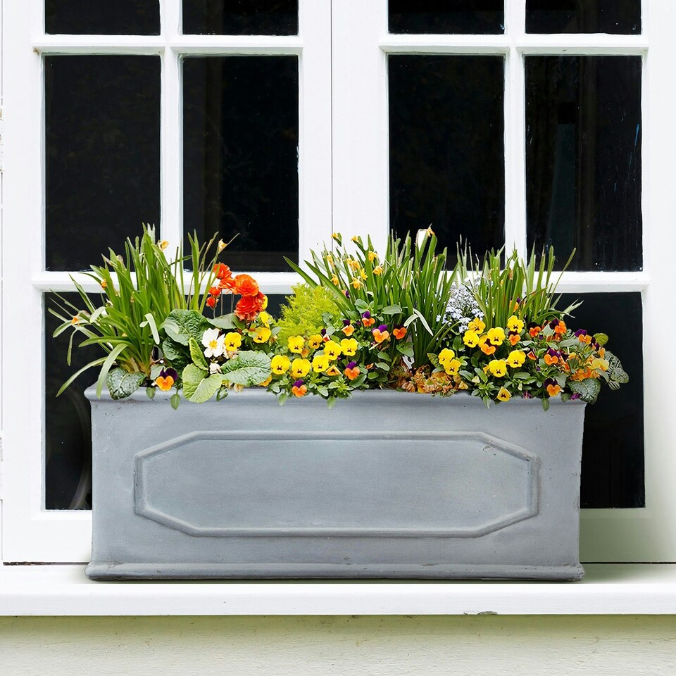 image 1 of Window Box Faux Lead Chelsea Trough Light Stone Garden Planter W22 H22 L60 cm, 29 ltrs Cap.