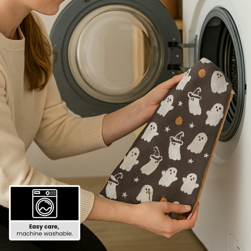 image 1 of Luxury Halloween Hand Towels Pack of 2 - 100% Cotton Spooky Tea Towels Grey | Ghosties
