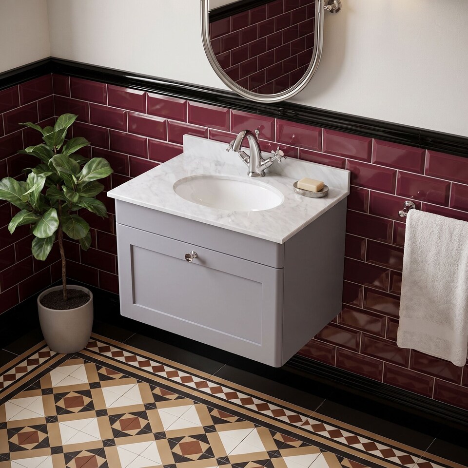 image 1 of Balterley Swynnerton Traditional 1 Drawer Wall Hung Vanity Unit with Marble Basin, Satin Grey, 600mm
