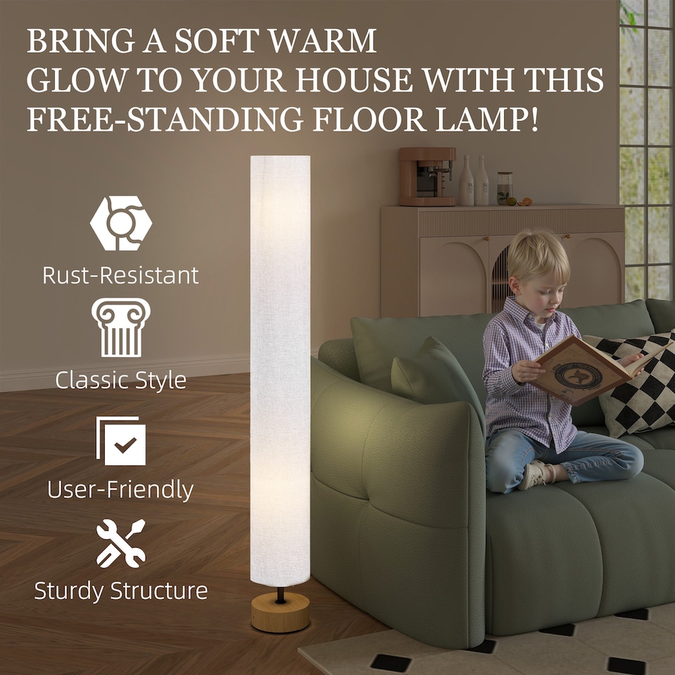 image 1 of HOMCOM Tall Floor Lamp Lighting w/ Fabric Shade for Bedroom Living Room Grey