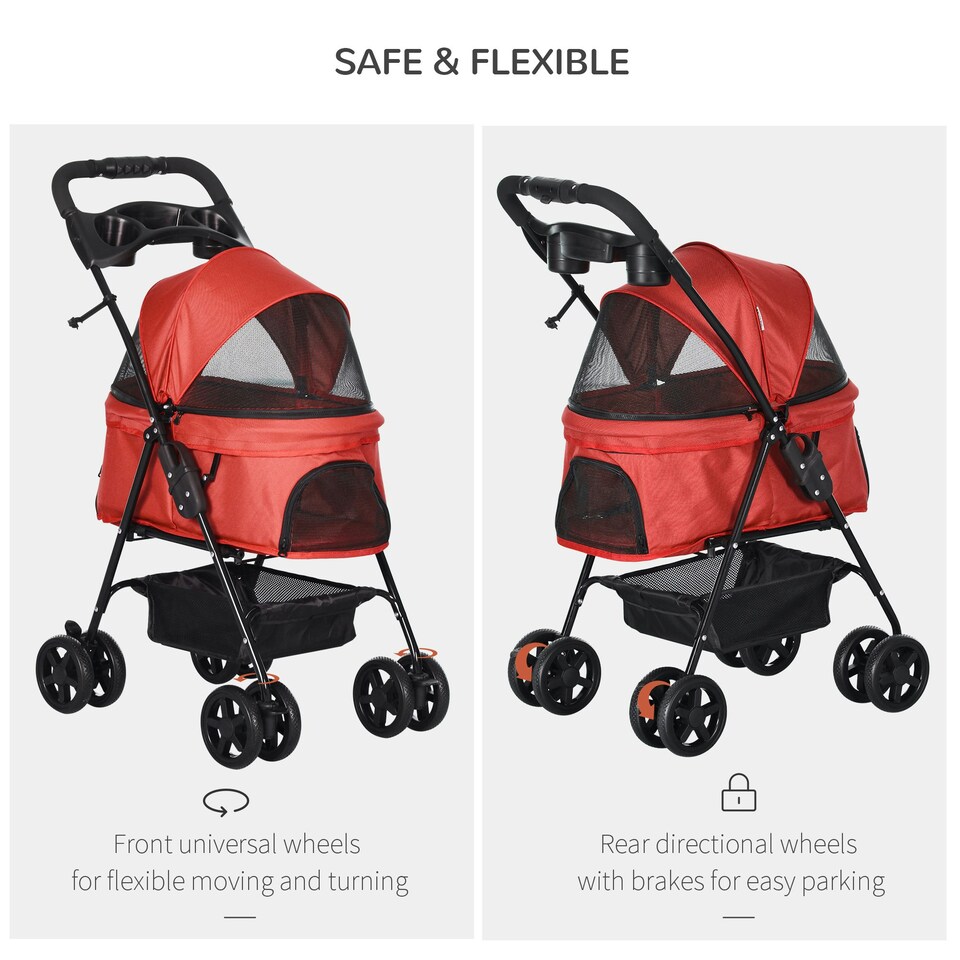 image 1 of PawHut Pet Stroller Foldable Travel Carriage w/ Brake Basket Canopy, Red