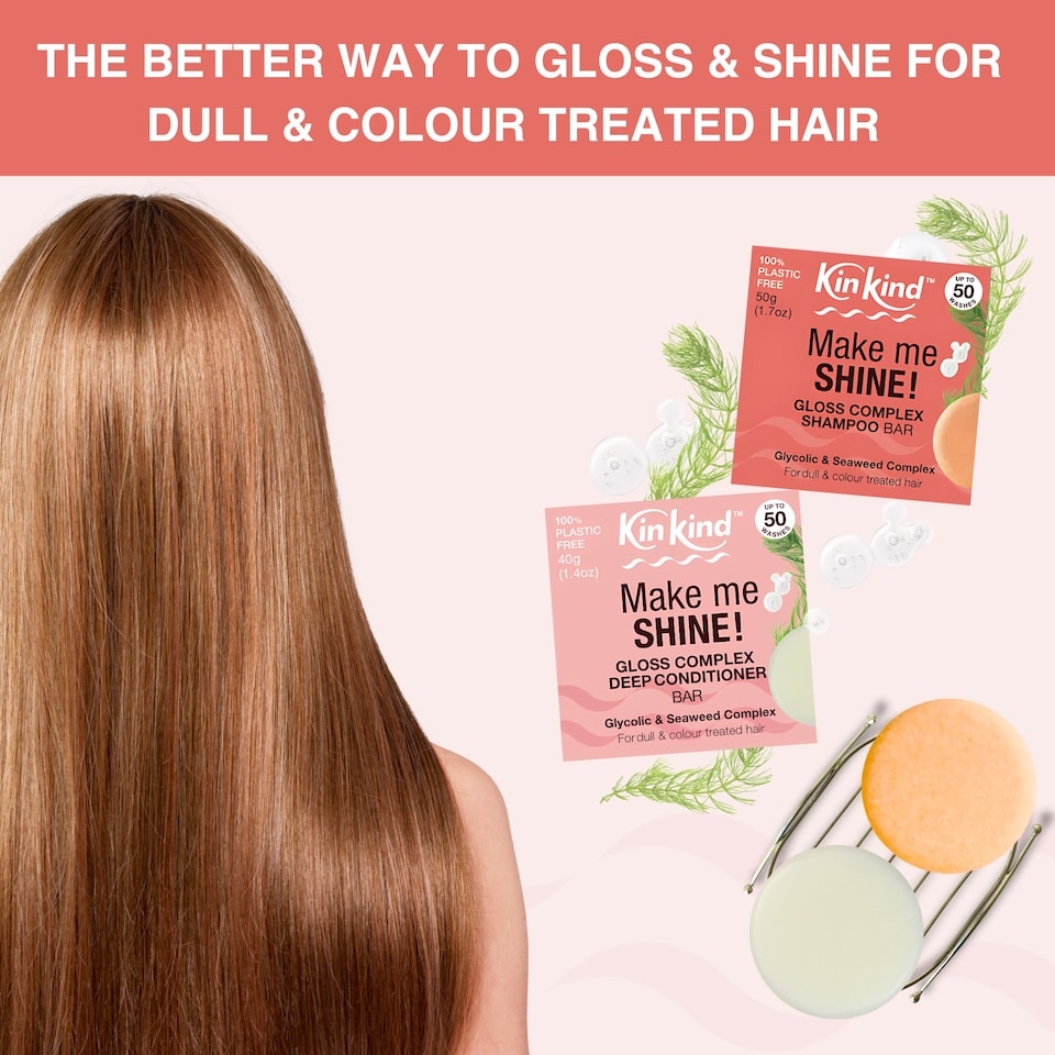 image 1 of KinKind Make me SHINE! Glycolic Acid & Seaweed Shampoo and Conditioner  bar set . Improves Scalp Health & Shine. For Dull & Coloured Hair.