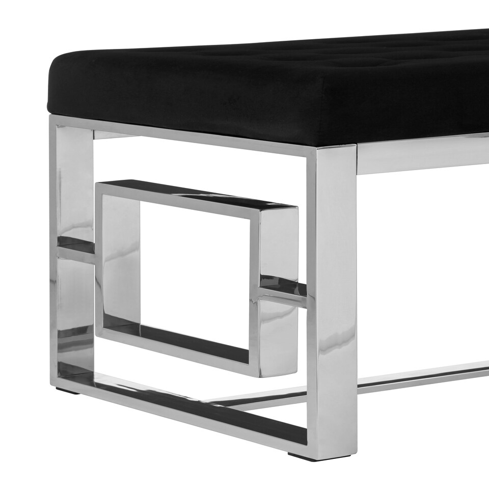 image 1 of Interiors by Premier Black Velvet Tufted Bench With Silver Stainless Steel Frame, Contemporary Button Tufted Accent Bench Black