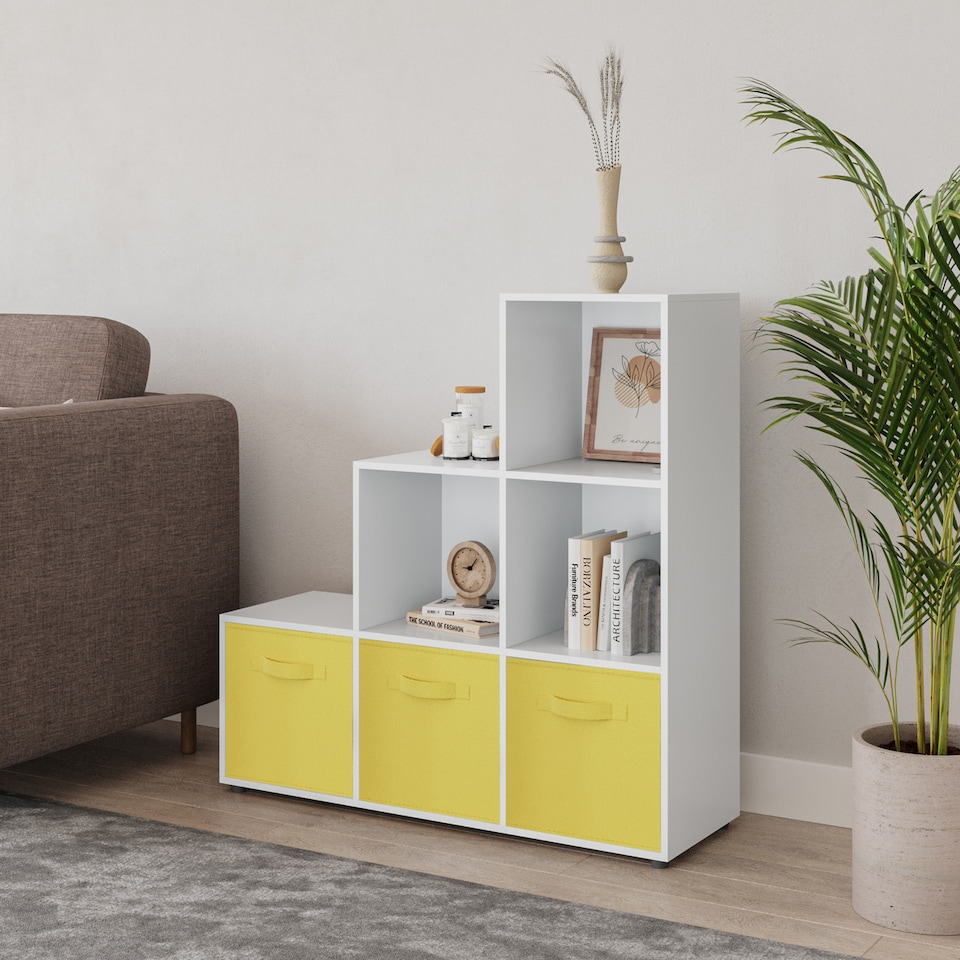 image 1 of 6-Cube Step Shelving Unit With Non Woven Inserts | White | White & Yellow | 1