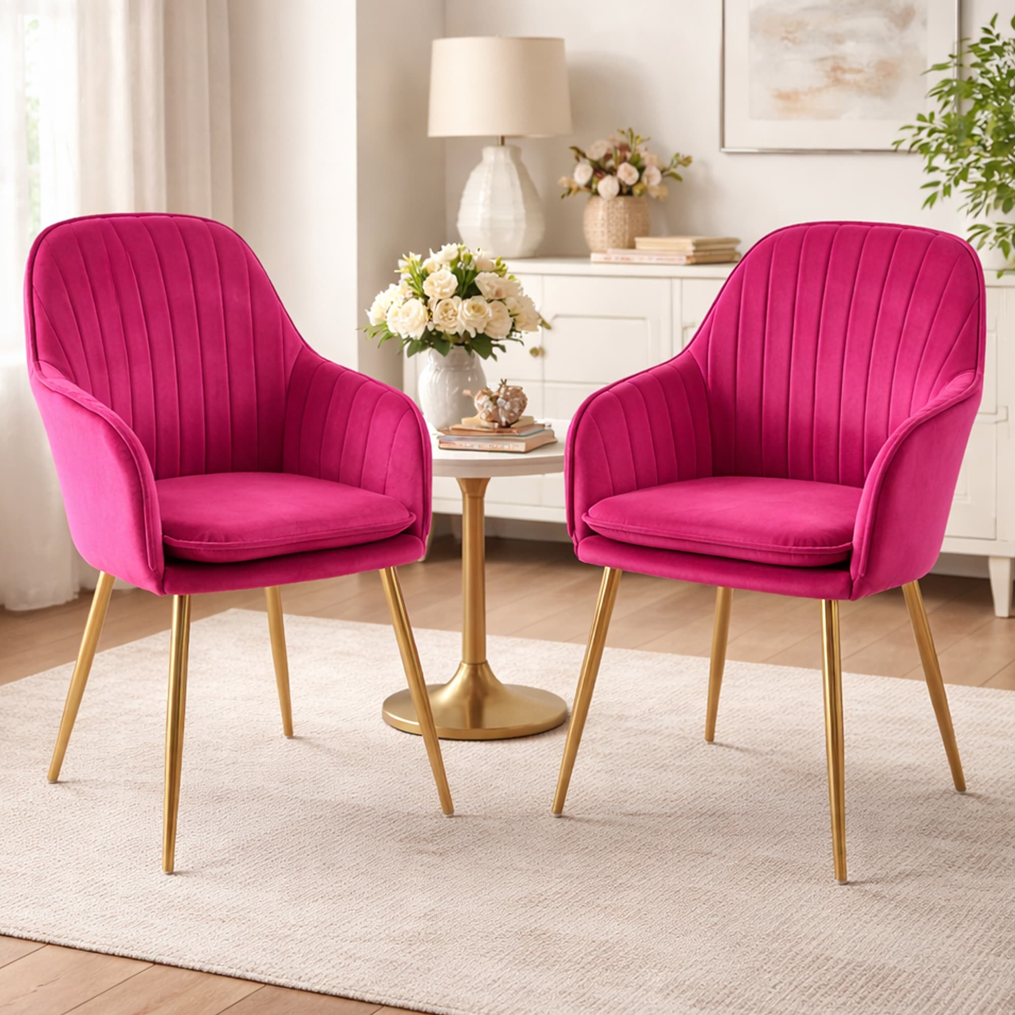 MUSE Pair of Chairs Upholstered in Velvet Fabric with Gold Legs - Fuchsia Pink | Pink | Fuchsia | One Size