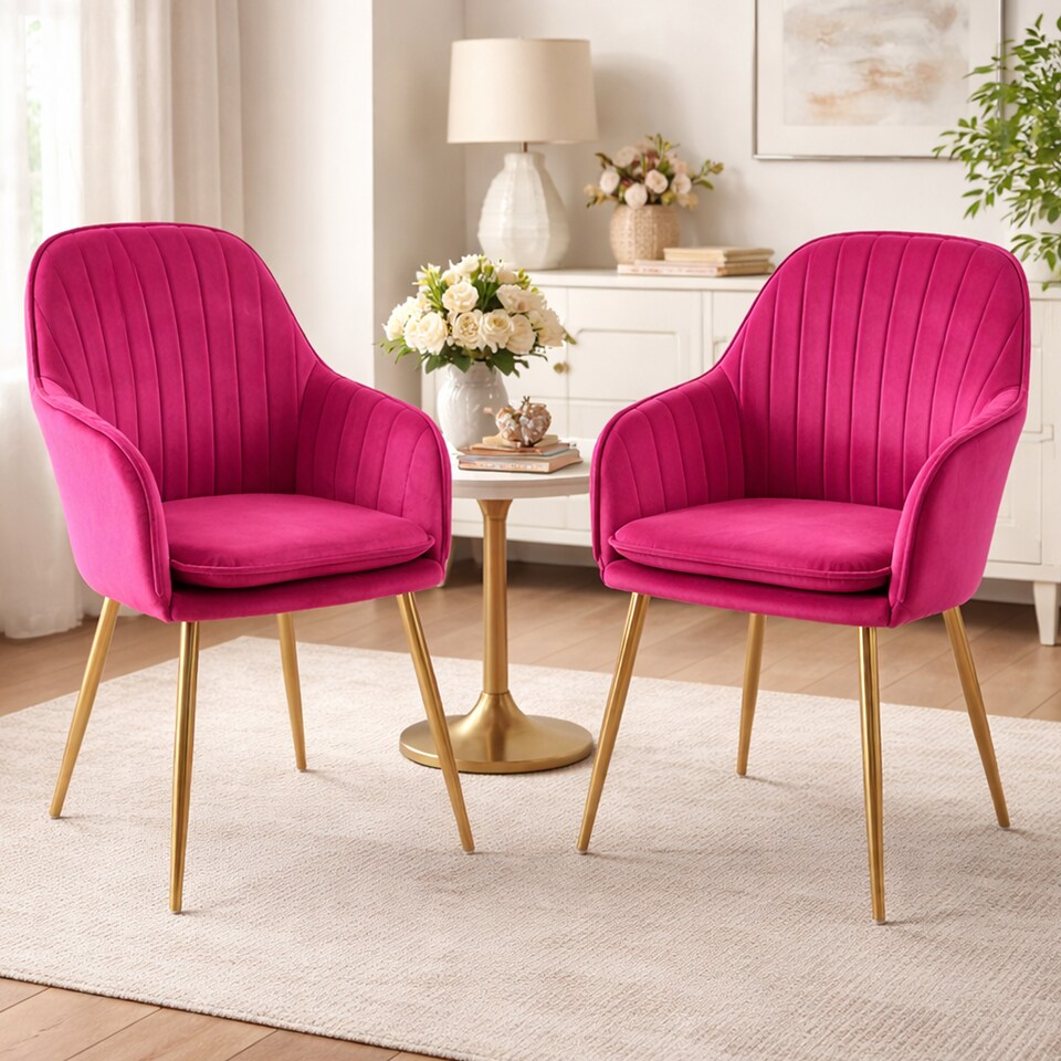 image 1 of MUSE Pair of Chairs Upholstered in Velvet Fabric with Gold Legs - Fuchsia Pink | Pink | Fuchsia | One Size