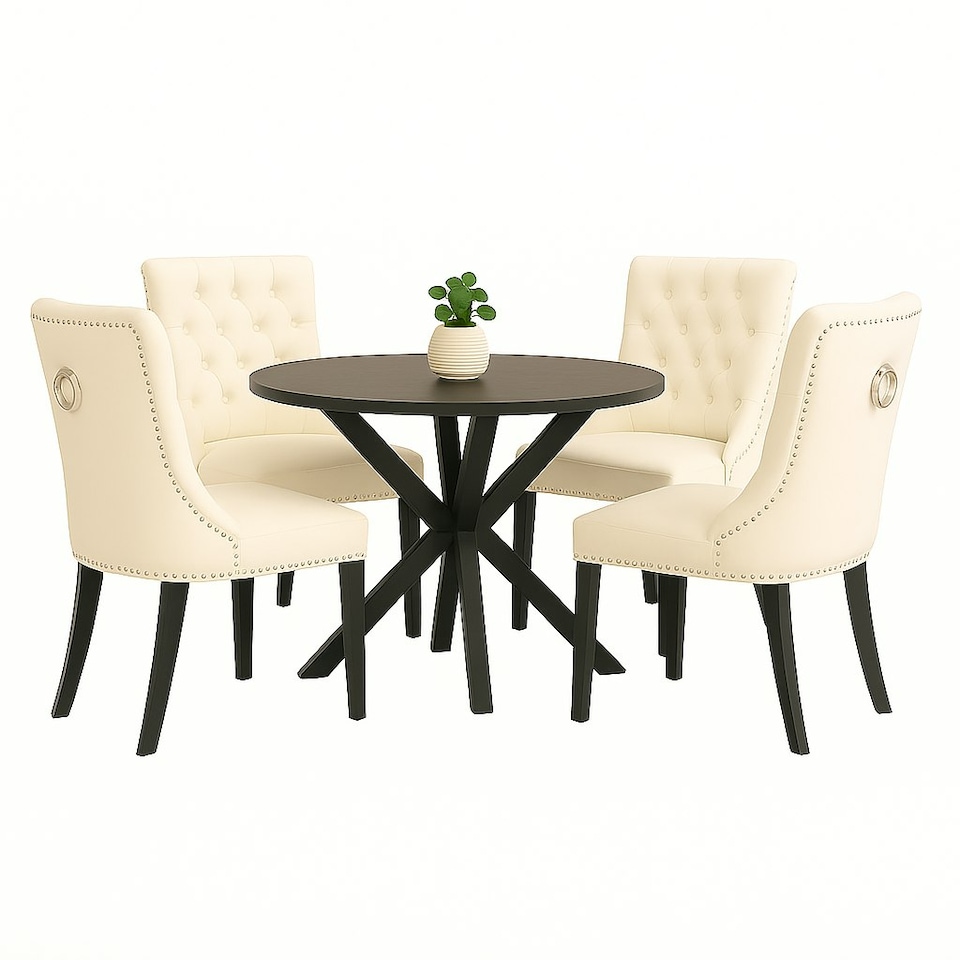 image 1 of Natural Set of Four Studded Velvet Dining Chair with Ring Knocker Detail Cream | Natural