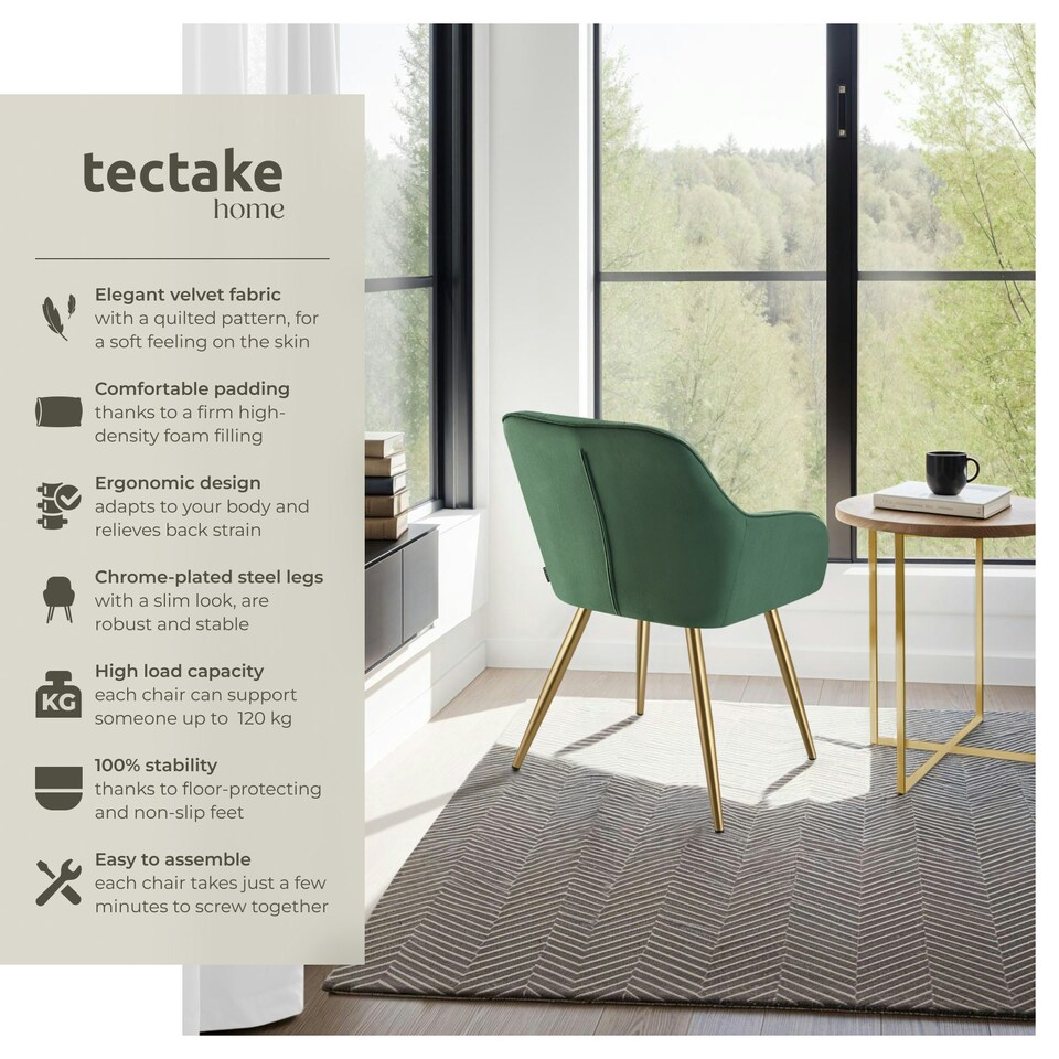 image 1 of Chair Marilyn - quilted velvet look, continuous backrest, golden steel legs - per piece Green | Dark Green/Gold