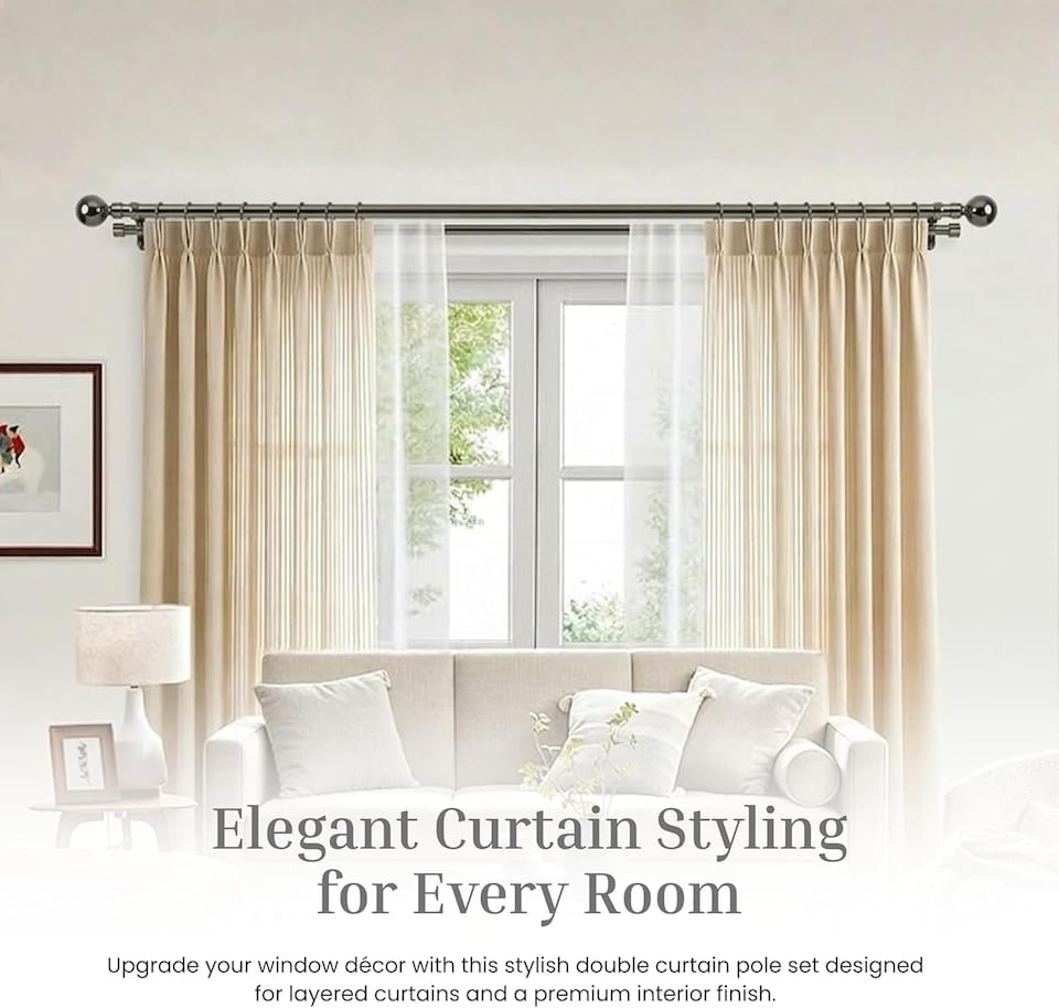 image 1 of Lister Cartwright Double Curtain Extendable Pole Set with Black Nickle Ball Finials- 19mm & 28mm Metal Poles(70- 120 cm)
