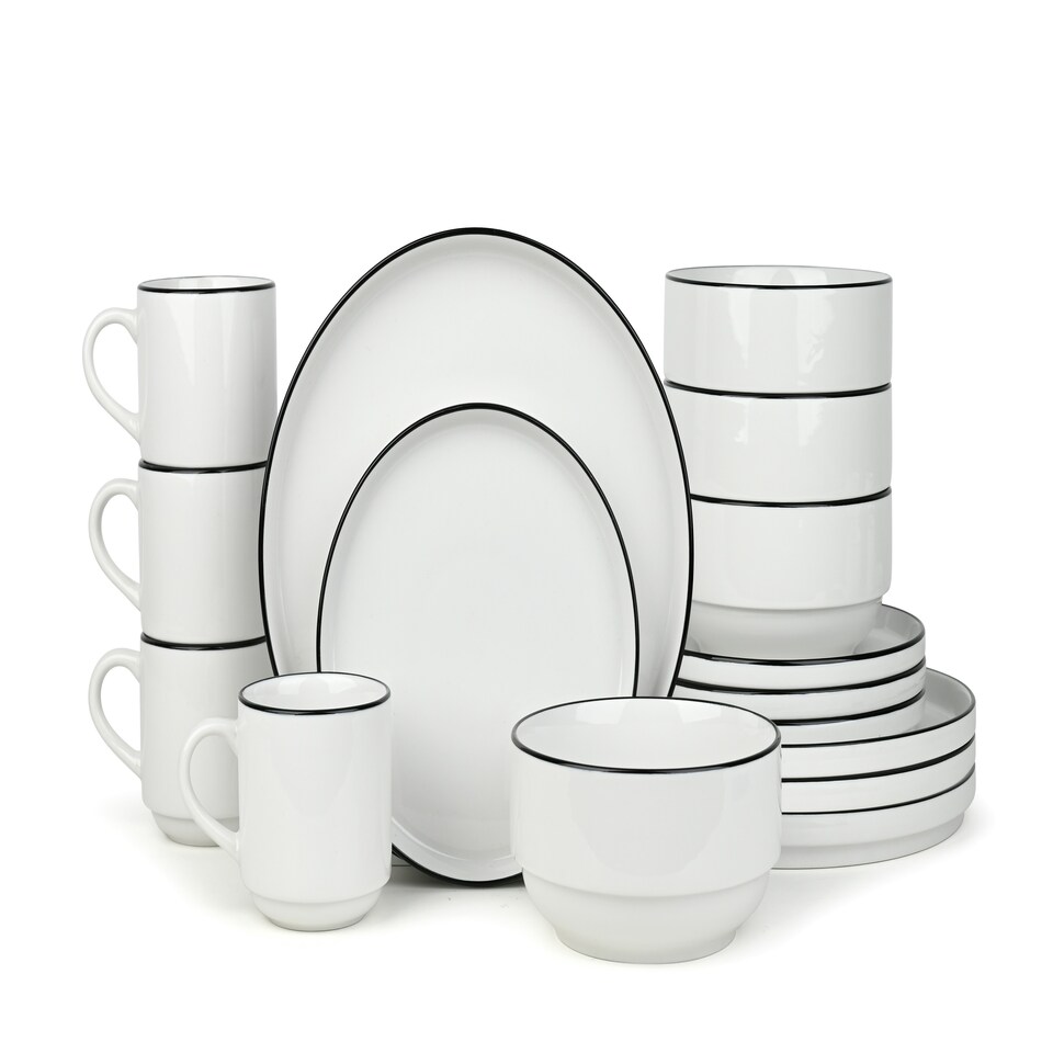 image 1 of 16pc Stackable Black Rim Dinner Set