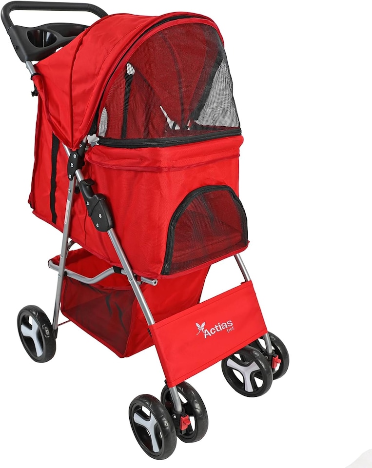 image 1 of Pet Stroller Dog Cat Puppy Pram Pushchair Travel Cart Jogging Buggy Carrier (Red)