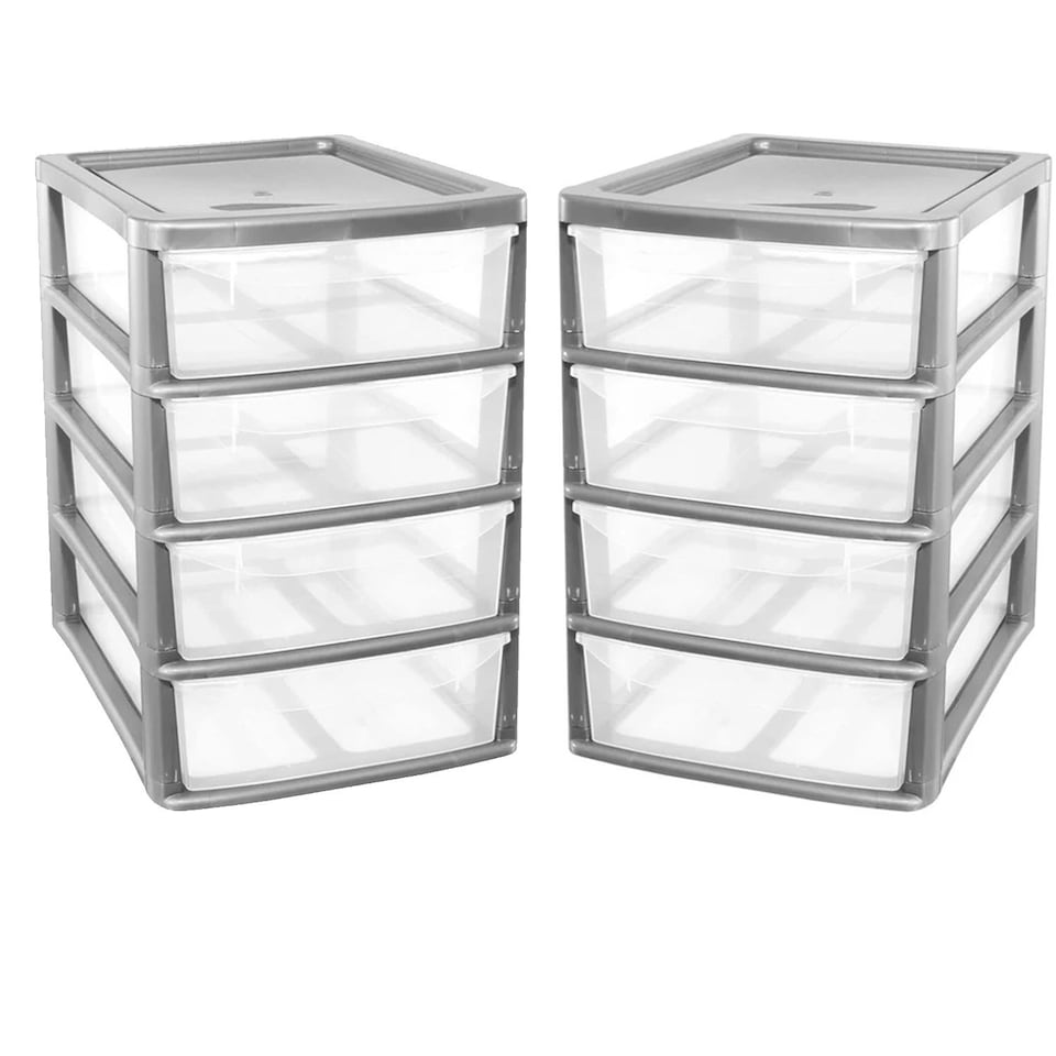 image 1 of Silver A4 Desktop Bedside 4 Pull Out Storage Tower Units With Clear Drawers For Home Office Silver