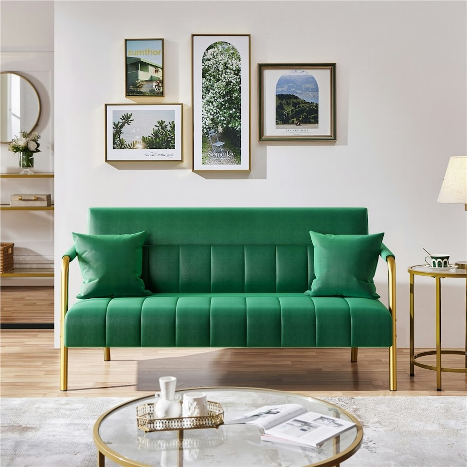 image 1 of Yaheetech Upholstered Sofa Couch with Gold-tone Metal Arms and Legs Green