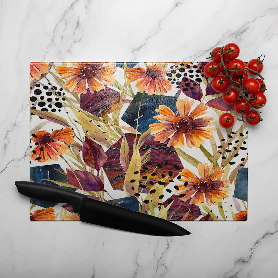 image 1 of Autumn Geometric Flowers Glass Chopping Board | Multi