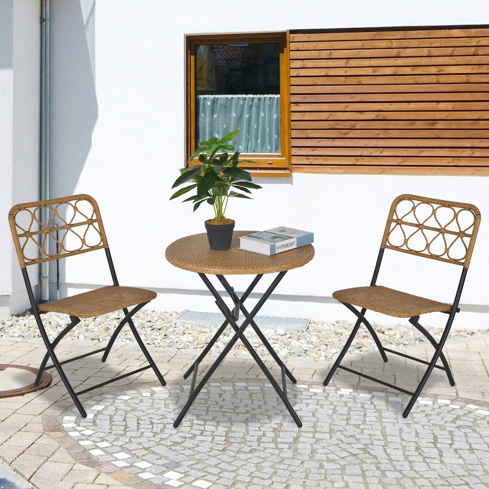 image 1 of Outsunny 3 PCS Folding Rattan Wicker Bistro Set, Coffee Table Set