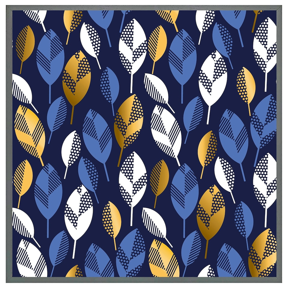 image 1 of White, blue & gold leaves on navy background (Picutre Frame) Grey | XS