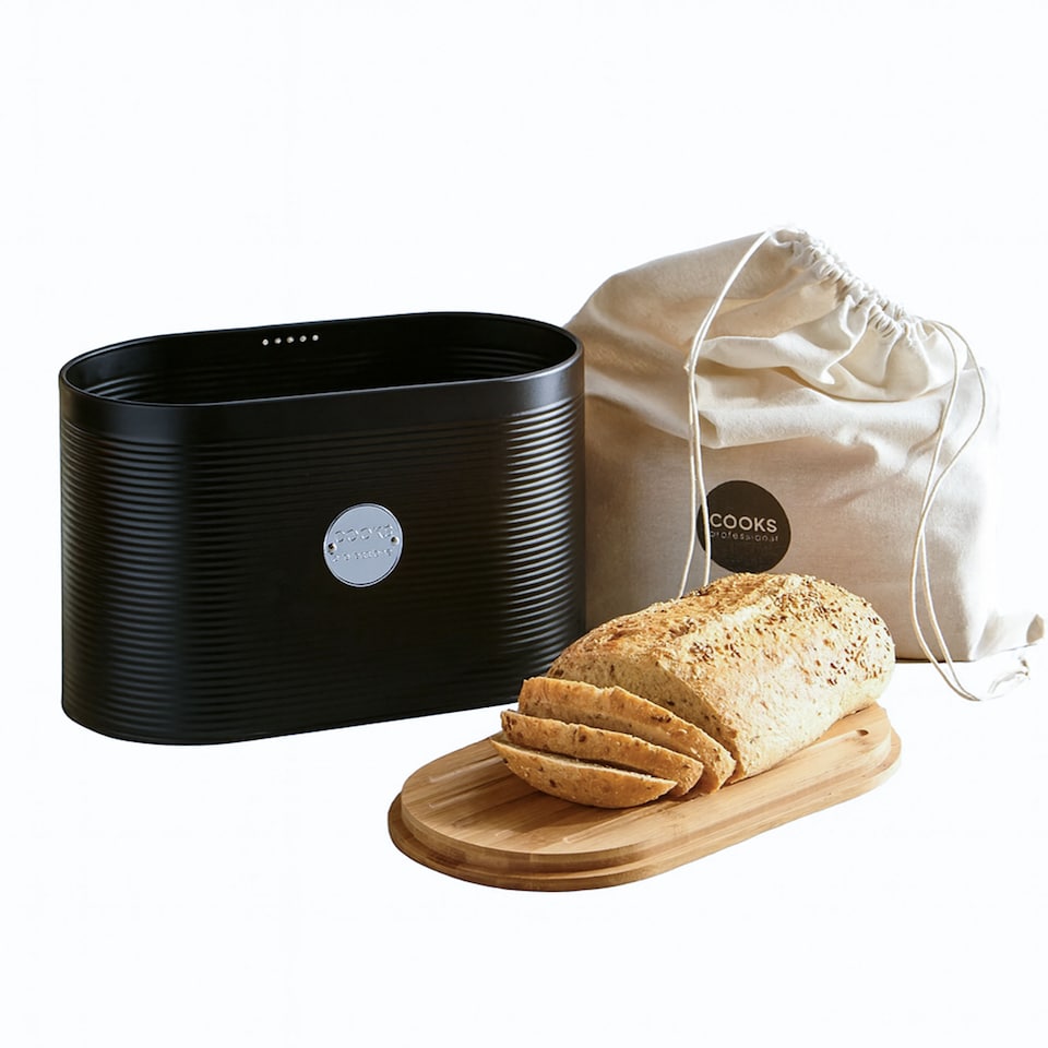 image 1 of Cooks Professional Ribbed Bread Bin, Linen Bag & Bamboo Board Set with Silver Label | Black | Black & Silver | 1
