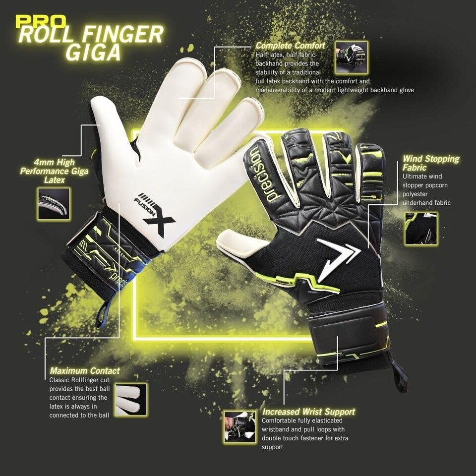 image 1 of ​​Precision Fusion X Pro Roll Finger Giga Professional Football Junior Goalkeeper Gloves, Black, 6