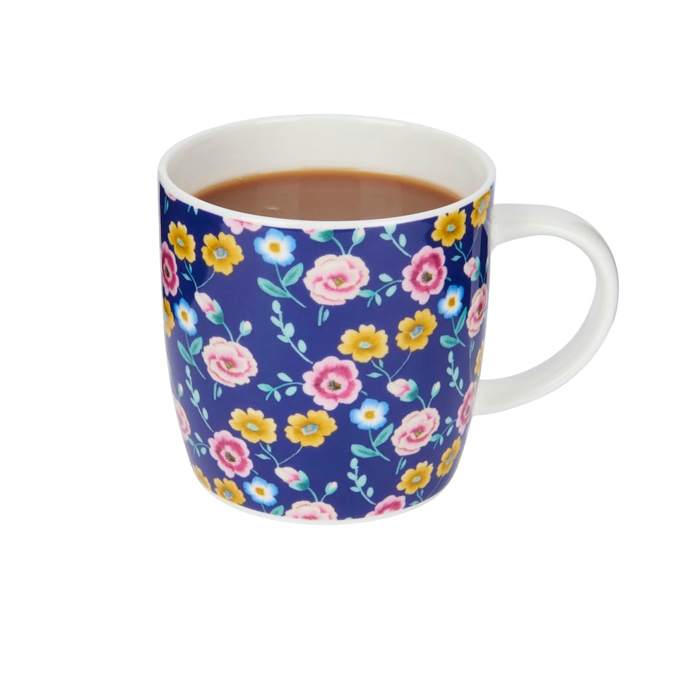 image 1 of KitchenCraft China 425ml Navy Floral Barrel Shaped Mug | Blue