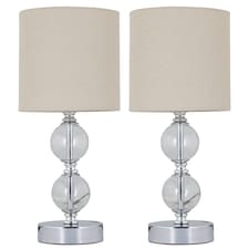 First Choice Lighting Set of 2 Chrome Two Ball Table Lamps with Natural Linen Shades Chrome | Brown