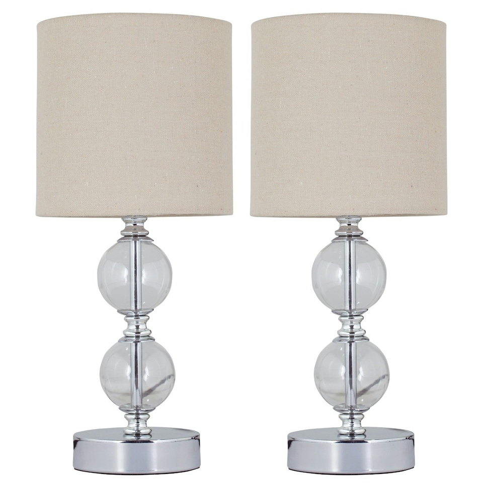 image 1 of First Choice Lighting Set of 2 Chrome Two Ball Table Lamps with Natural Linen Shades Chrome | Brown