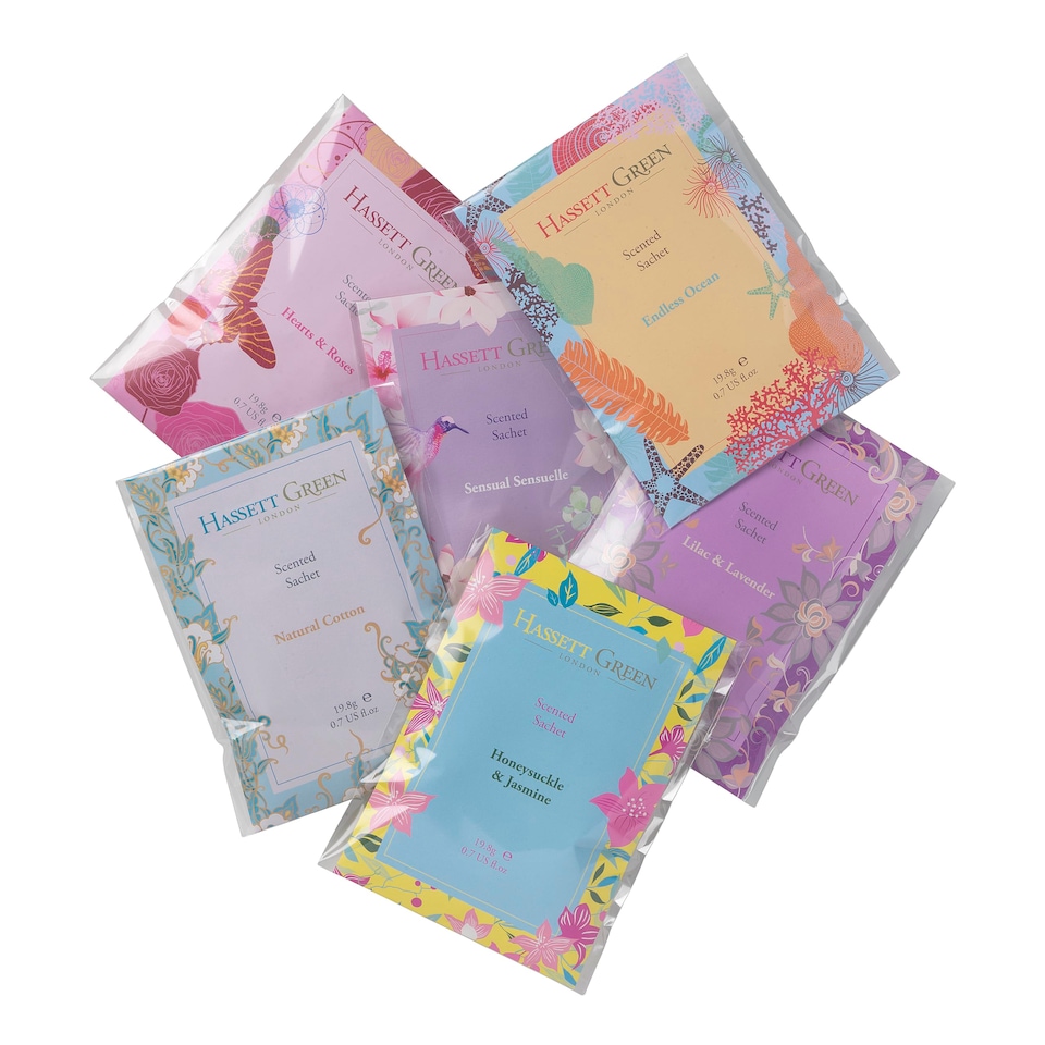 image 1 of Hassett Green London - Handmade Large Scented Sachets - Six Pack - Honeysuckle & Jasmine, Hearts & Roses, Lilac & Lavender, Natural Cotton, Sensual Sensuelle, Endless Ocean - For Wardrobes & Drawers
