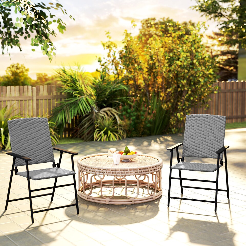 image 1 of Outsunny Folding Garden Chairs Set of 2, PE Rattan Garden Dining Chairs with Armrests, High Back and Steel Frame, Weather Resistant Outdoor Dining Furniture for Patio, Balcony, Grey