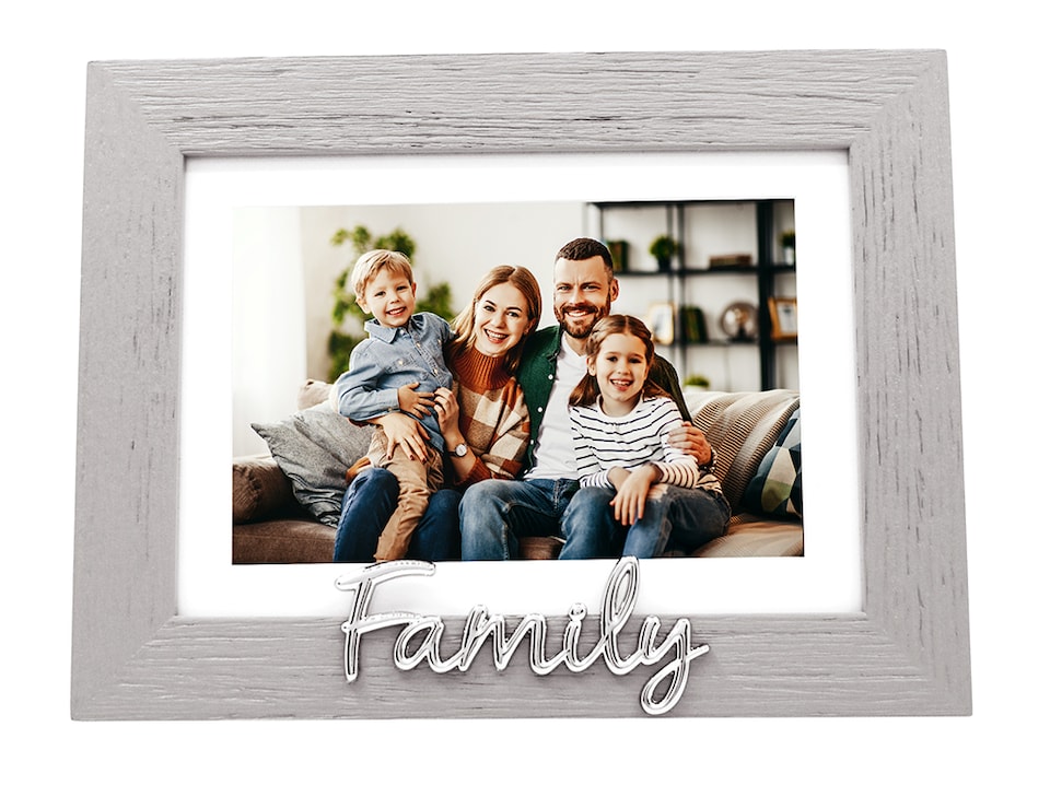 image 1 of Grey Woodgrain Effect Family Picture Frame with Silver Letters - 6x4 Inch or 7x5 Inch | Grey