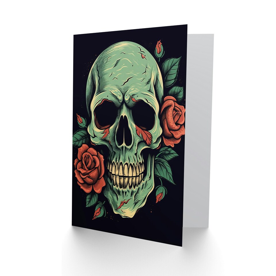 image 1 of Green Skull Rose Flower Floral Tattoo Style Birthday For Her Card